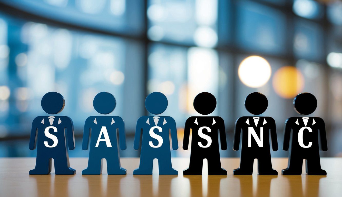 Un gruppo di entità aziendali, rappresentato da simboli distinti, sta fianco a fianco, ognuno etichettato come "SAS" o "SNC", evidenziando le loro differenze.