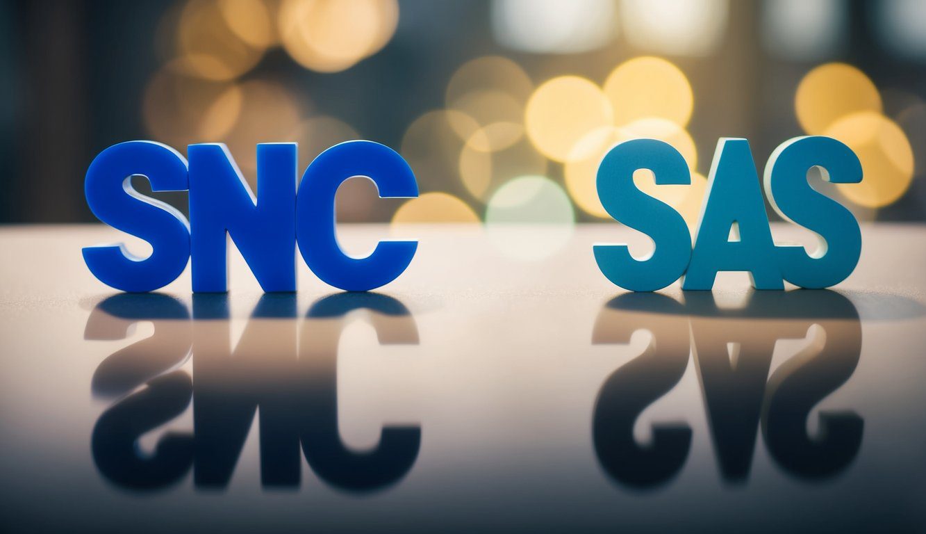 Due entità aziendali affiancate, una etichettata "SNC" e l'altra "SAS", con vari elementi per rappresentare visivamente le loro differenze