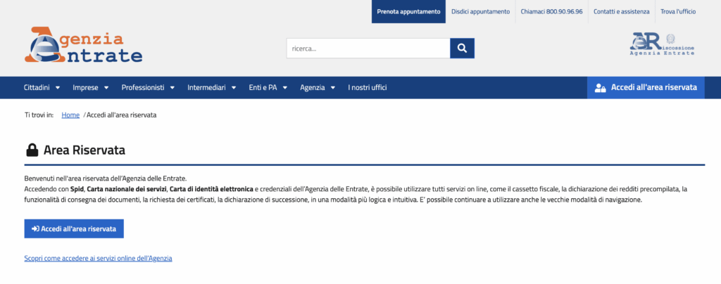 Pagina di login al proprio cassetto fiscale sul sito dell'agenzia delle entrate