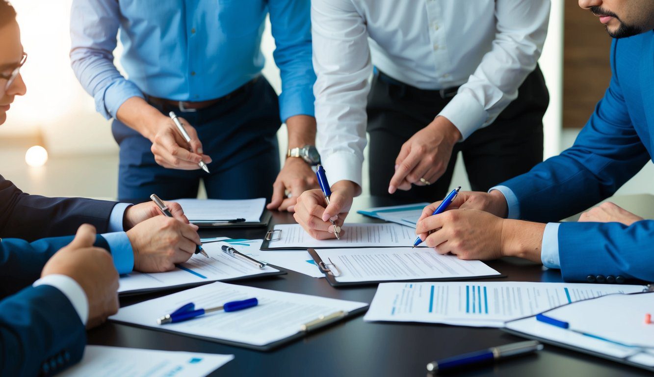 ENPAM: Cos’è, Come Funziona, Soggetti Obbligati, Iscrizione, Servizi, Contributi e Pensione (2026) 2 Un gruppo di professionisti si riunisce attorno a un tavolo, firmando documenti e discutendo dei loro obblighi verso l'ENPAM. Fogli e penne sono sparsi sul tavolo.