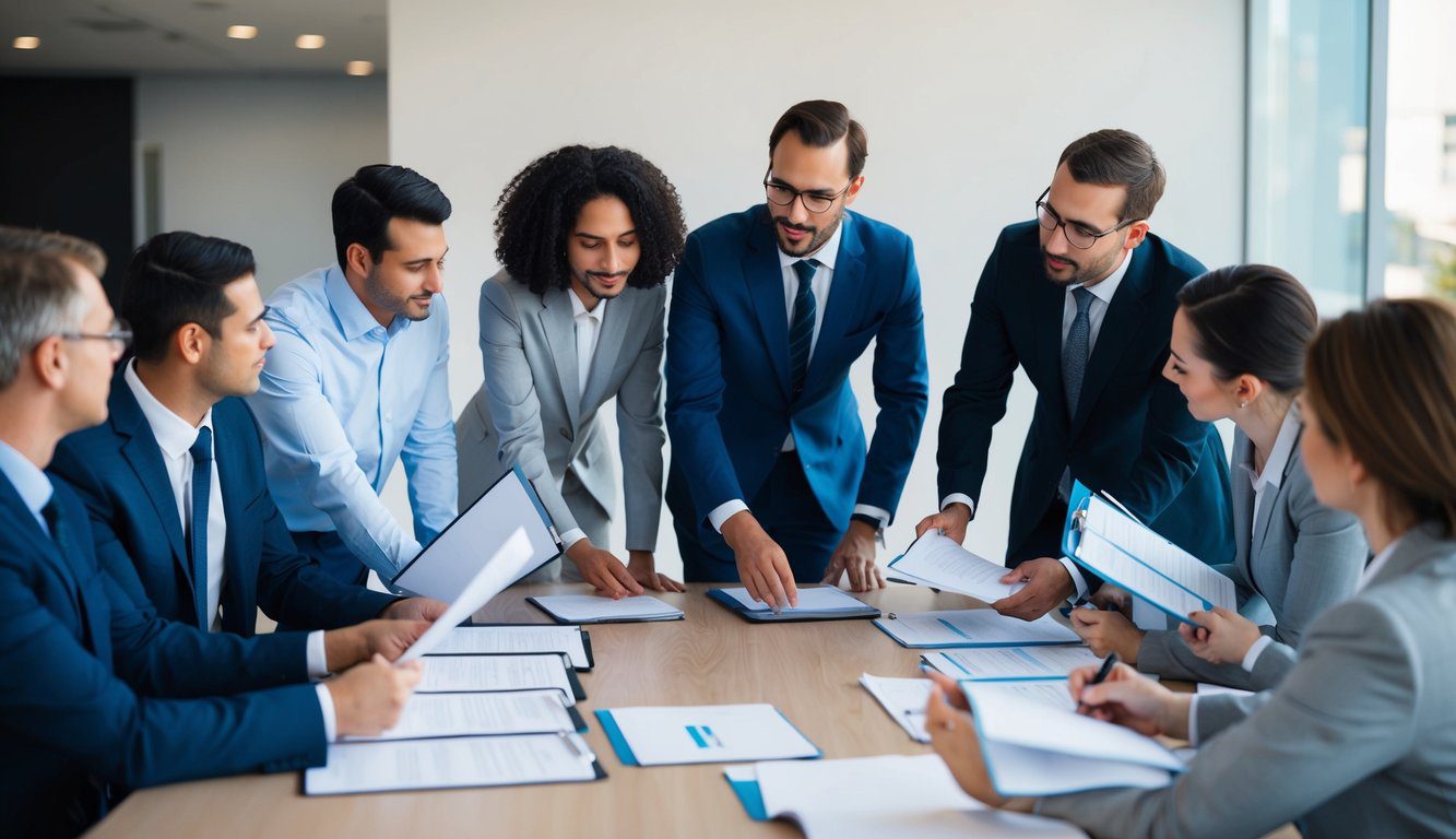 ENPAM: Cos’è, Come Funziona, Soggetti Obbligati, Iscrizione, Servizi, Contributi e Pensione (2026) 5 Un gruppo di professionisti si riunisce attorno a un tavolo, discutendo e scambiando documenti relativi ai contributi ENPAM.