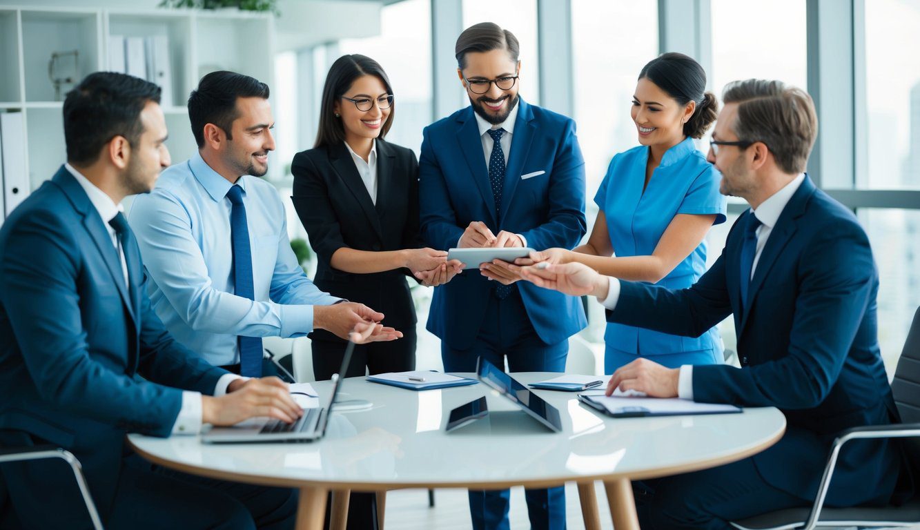 ENPAM: Cos’è, Come Funziona, Soggetti Obbligati, Iscrizione, Servizi, Contributi e Pensione (2026) 6 Un gruppo di professionisti che riceve vari servizi da ENPAM, come assistenza sanitaria, supporto finanziario e orientamento professionale, in un ambiente d'ufficio moderno.