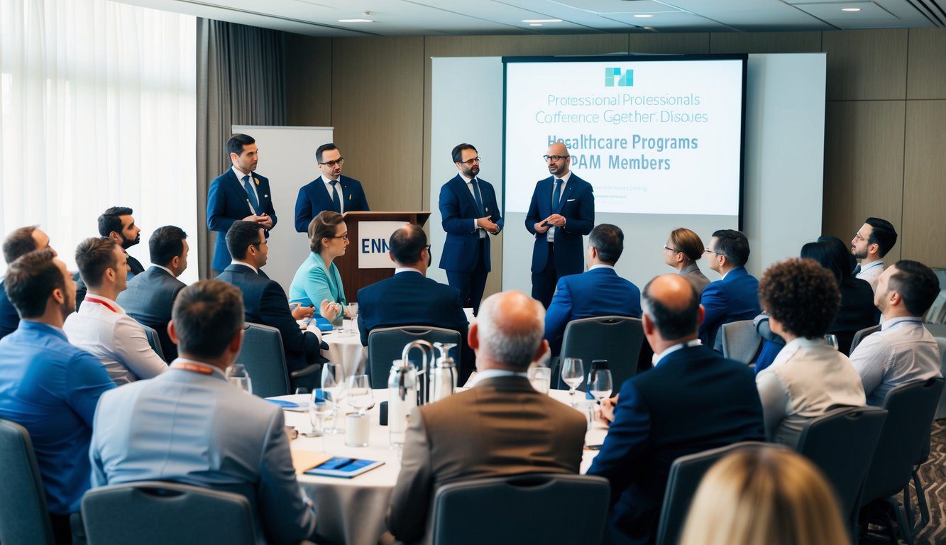 ENPAM: Cos’è, Come Funziona, Soggetti Obbligati, Iscrizione, Servizi, Contributi e Pensione (2026) 7 Un gruppo di professionisti si riunisce a una conferenza, ascoltando un relatore e discutendo dei programmi sanitari per i membri ENPAM.