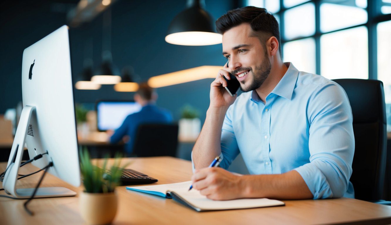 ENPAM: Cos’è, Come Funziona, Soggetti Obbligati, Iscrizione, Servizi, Contributi e Pensione (2026) 8 Una persona seduta a una scrivania con un computer, che parla al telefono e scrive appunti su un blocco note.