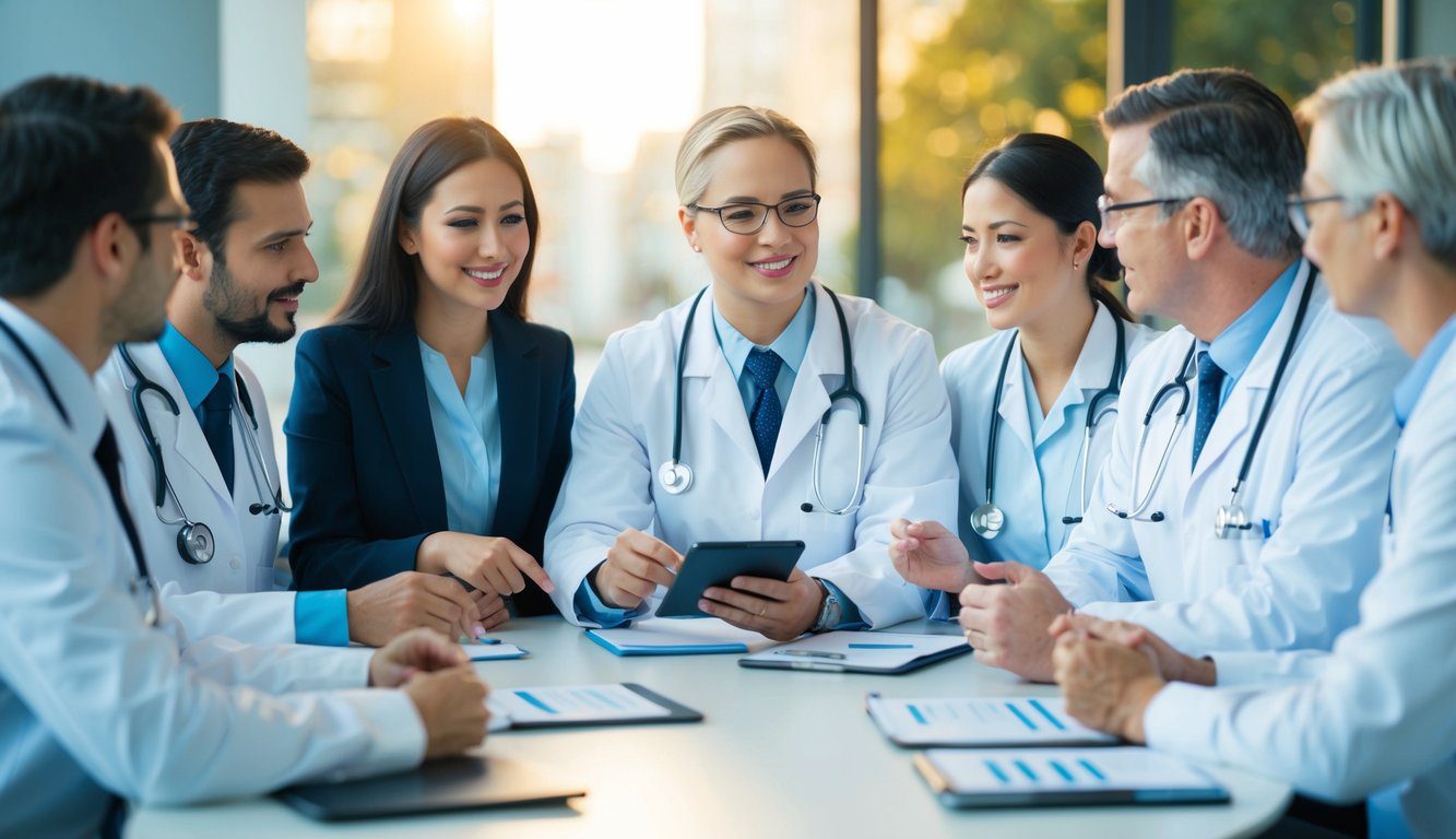 ENPAM: Cos’è, Come Funziona, Soggetti Obbligati, Iscrizione, Servizi, Contributi e Pensione (2026) 4 Un gruppo di professionisti medici si riunisce attorno a un tavolo, discutendo e condividendo informazioni su ENPAM. L'atmosfera è concentrata e collaborativa.