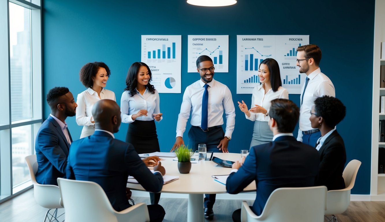 Un gruppo di persone diverse che discutono di opportunità finanziarie in un moderno ambiente d'ufficio con grafici e diagrammi sulle pareti