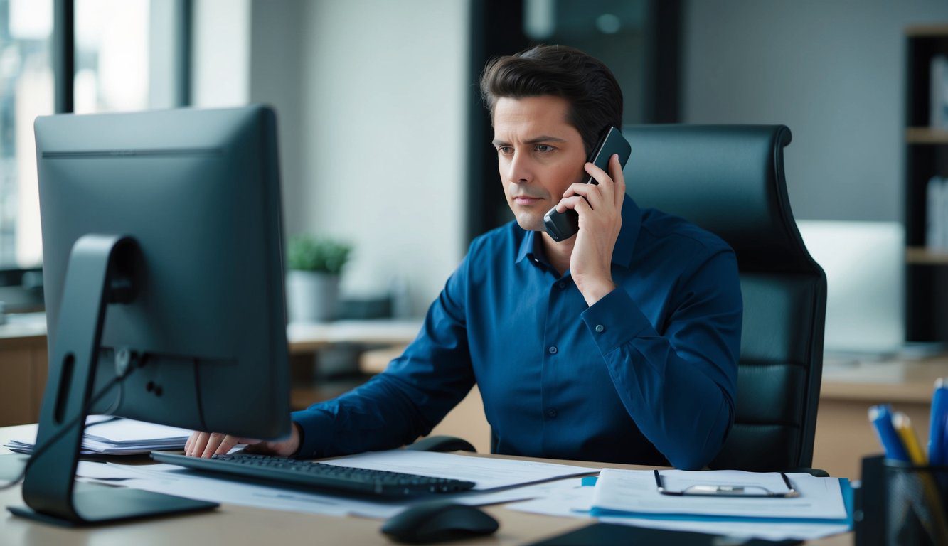 Una persona seduta a una scrivania, circondata da documenti e un computer, che parla al telefono con un'espressione seria.