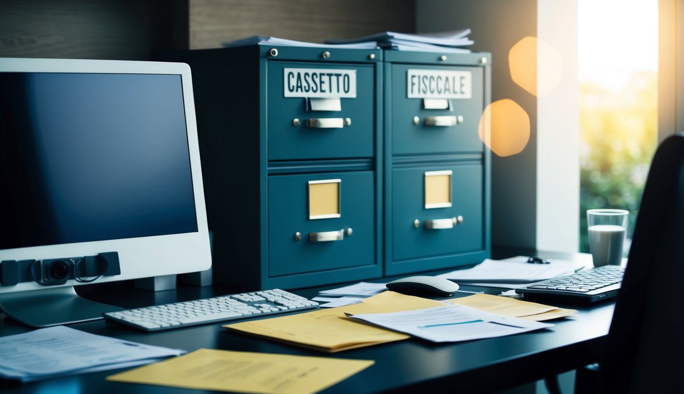 Una scrivania disordinata con un computer, documenti e un armadietto etichettato "Cassetto Fiscale."