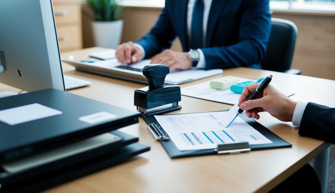 Numero REA: Cos'è, Come Funziona, a Cosa Serve e Dove Trovarlo? (2026) 1 Un ufficio con una scrivania, un computer e un armadietto per documenti. Una persona sta compilando dei documenti con un timbro dell'azienda nelle vicinanze.