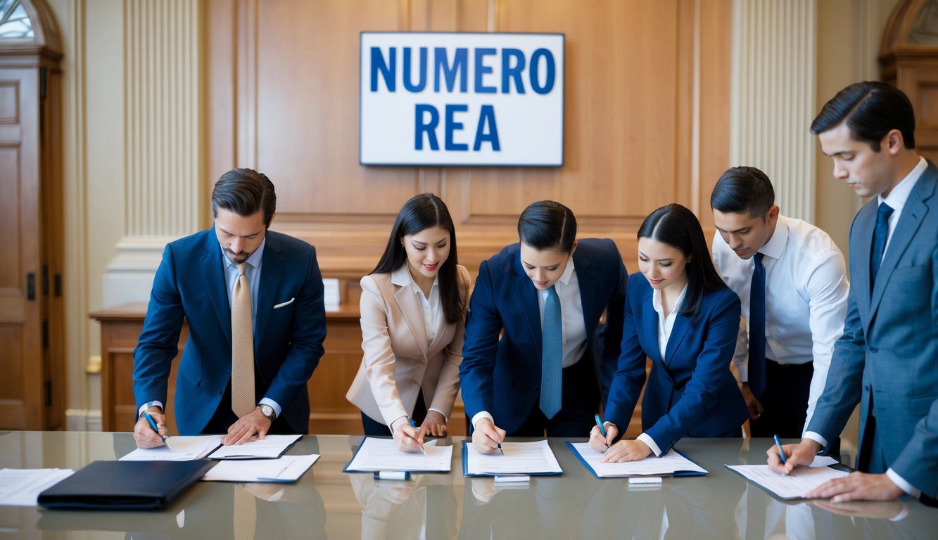 Numero REA: Cos'è, Come Funziona, a Cosa Serve e Dove Trovarlo? (2026) 2 Un gruppo di professionisti del settore che compilano documenti in un ufficio governativo, con un'insegna che mostra "Numero REA" ben in vista.