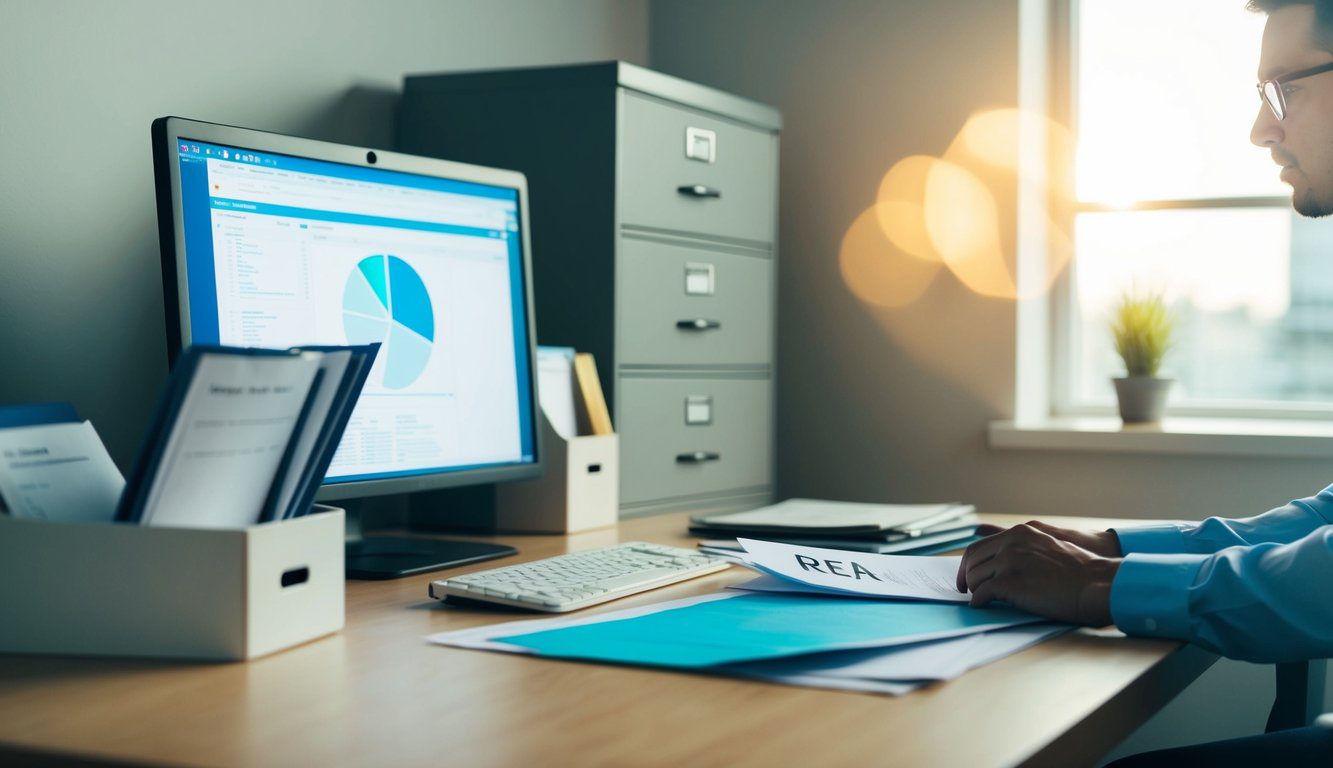 Numero REA: Cos'è, Come Funziona, a Cosa Serve e Dove Trovarlo? (2026) 4 Una scrivania con un computer, documenti e un armadietto per i file. Una persona sta cercando tra i file il numero REA.