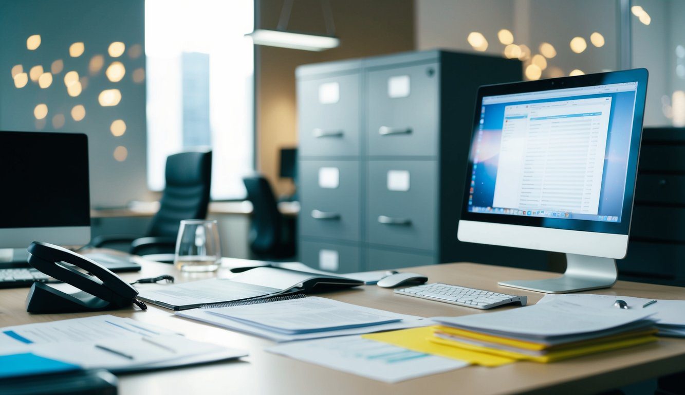 Numero REA: Cos'è, Come Funziona, a Cosa Serve e Dove Trovarlo? (2026) 5 Una scrivania d'ufficio occupata con un computer, documenti e un telefono. Un armadio per i file sullo sfondo.