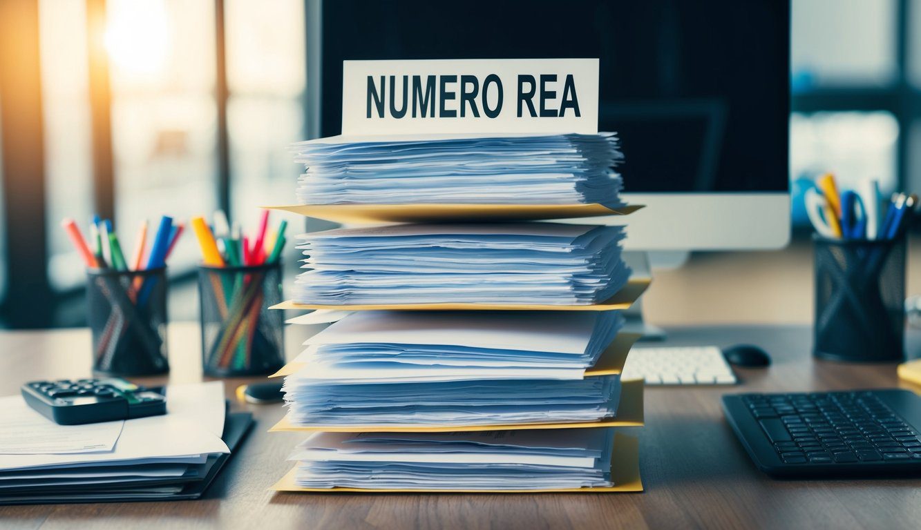 Numero REA: Cos'è, Come Funziona, a Cosa Serve e Dove Trovarlo? (2026) 6 Una pila di documenti ufficiali con un evidente "Numero REA" in evidenza sopra, circondata da vari articoli di cancelleria e un computer