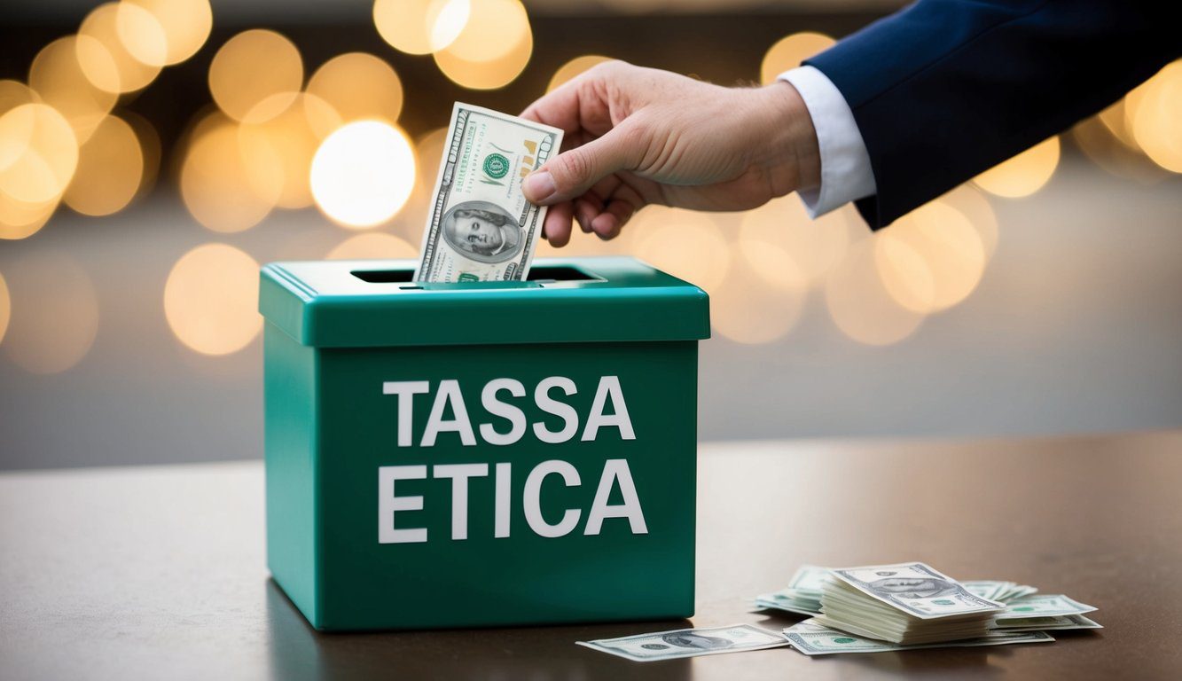 Tassa Etica: Cos'è, a Cosa Serve, Soggetti Obbligati e Come Pagarla? (2026) 3 Una persona che inserisce denaro in una scatola etichettata con un cartello "Tassa Etica"