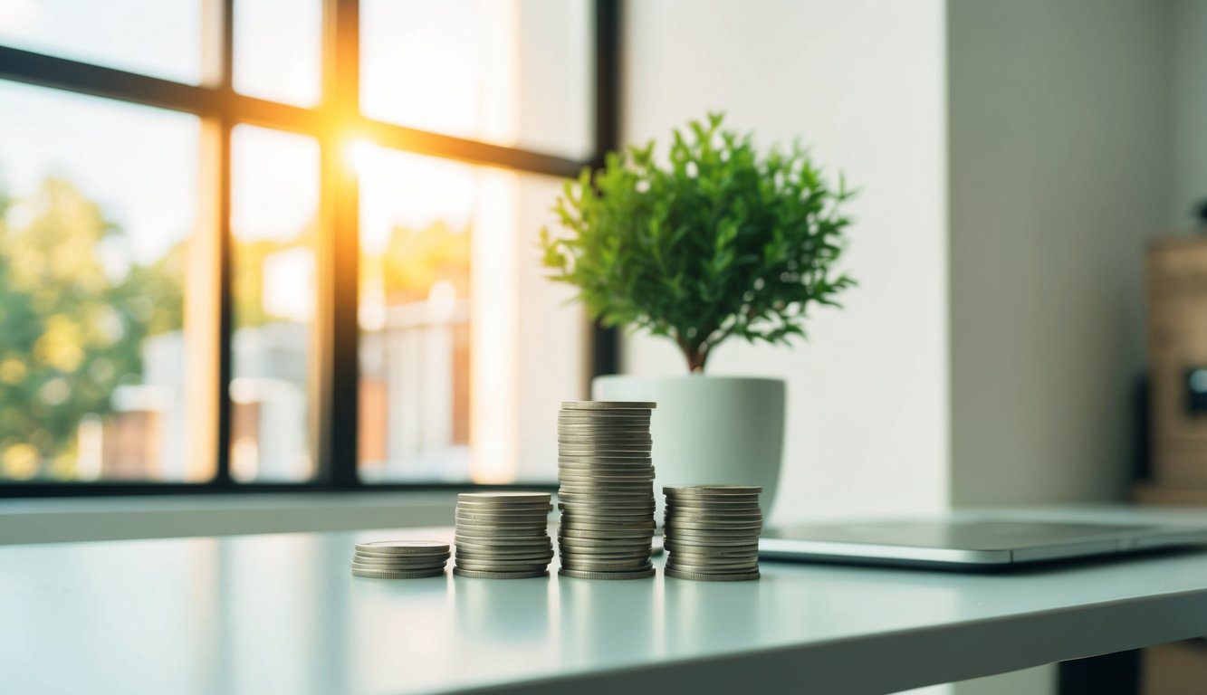 Tassa Etica: Cos'è, a Cosa Serve, Soggetti Obbligati e Come Pagarla? (2026) 2 Una pila di monete e una pianta verde si trovano su una scrivania moderna e pulita. La luce del sole filtra attraverso una finestra vicina, proiettando un caldo bagliore sulla scena.