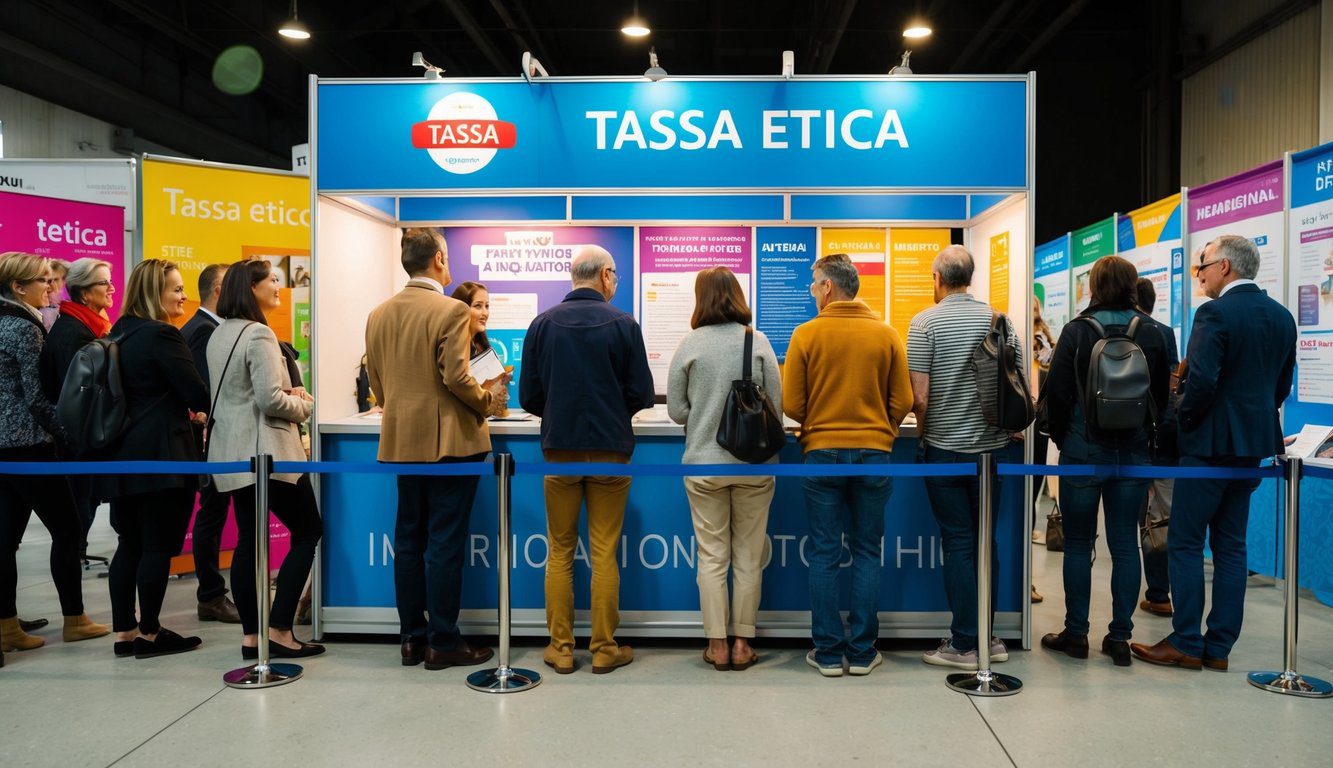 Tassa Etica: Cos'è, a Cosa Serve, Soggetti Obbligati e Come Pagarla? (2026) 1 Un gruppo di persone in fila, in attesa di fare domande a uno stand informativo di Tassa Etica. Lo stand è adornato con striscioni e esposizioni colorate.