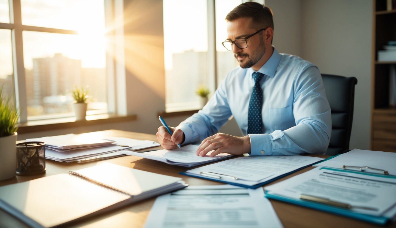 Tipologie di Partita IVA: Quali Sono e Come Scegliere la Giusta per Te (2026) 1 Un piccolo imprenditore compila dei documenti a una scrivania, circondato da moduli fiscali e documenti. La luce del sole entra da una finestra, proiettando un caldo bagliore sulla scena.