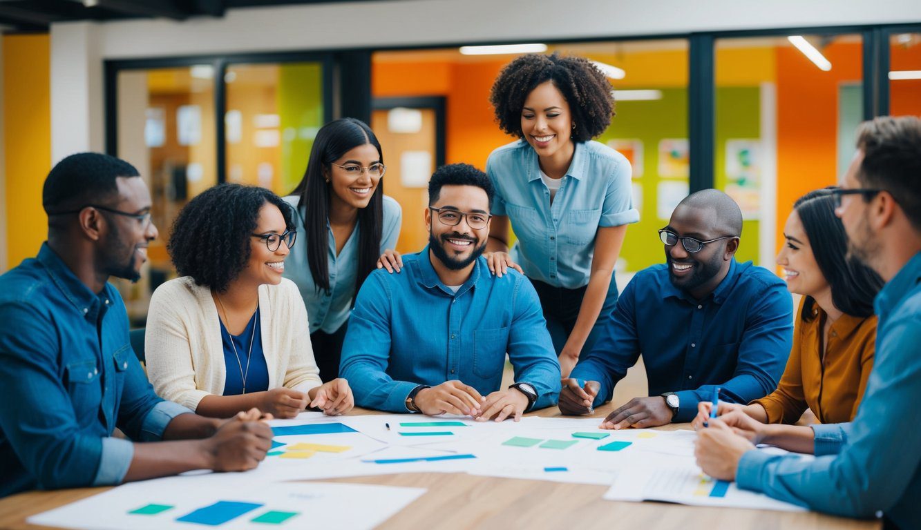 Un gruppo di individui diversi che collaborano a progetti comunitari in un ambiente vibrante e inclusivo