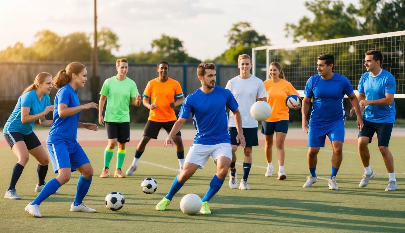 Un gruppo di persone impegnate in varie attività sportive amatoriali, come calcio, basket e pallavolo, all'interno di un'associazione sportiva ricreativa.