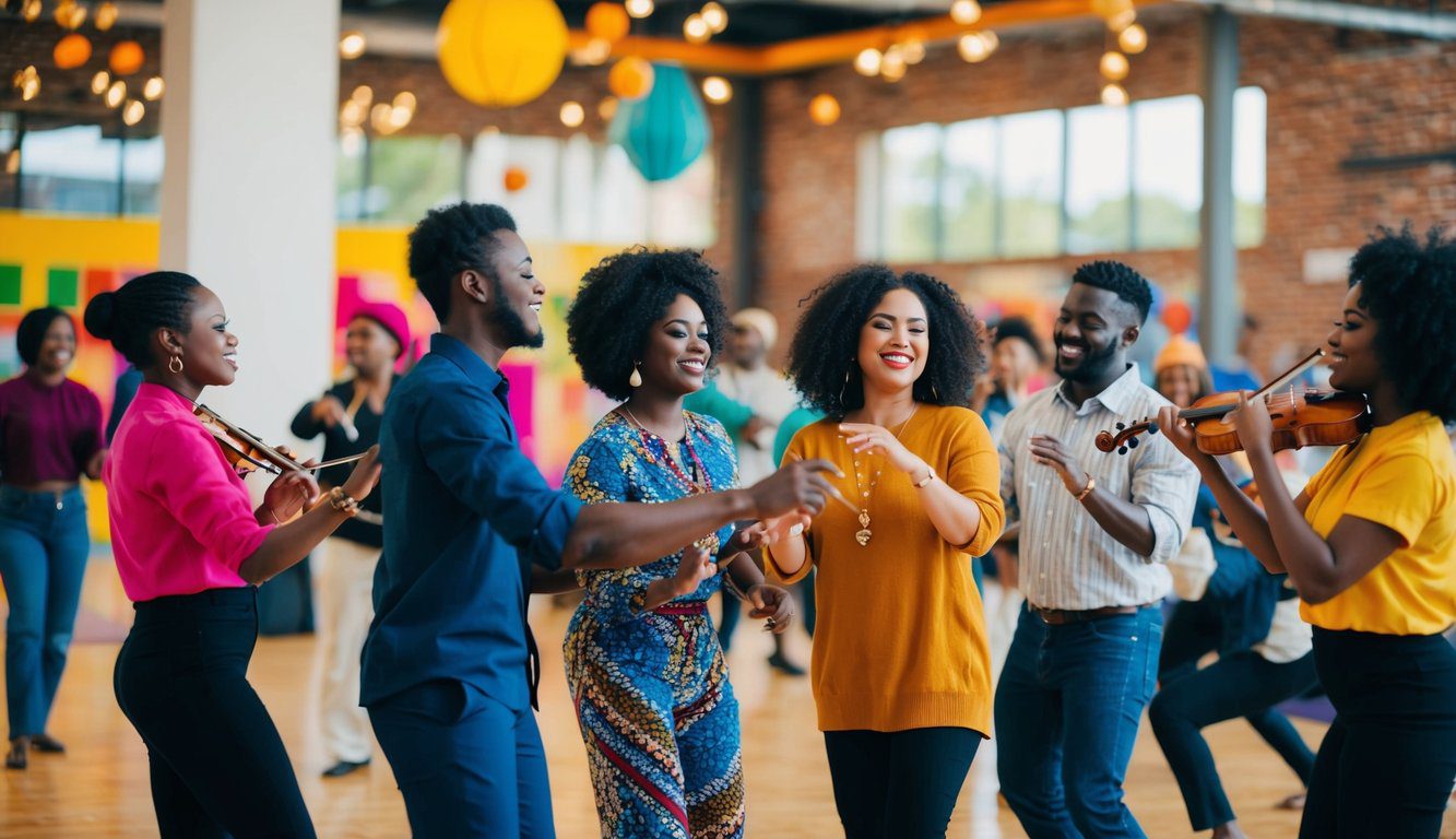 Un gruppo di persone impegnate in attività culturali, come musica, danza e arte, all'interno di un contesto comunitario vivace e diversificato.