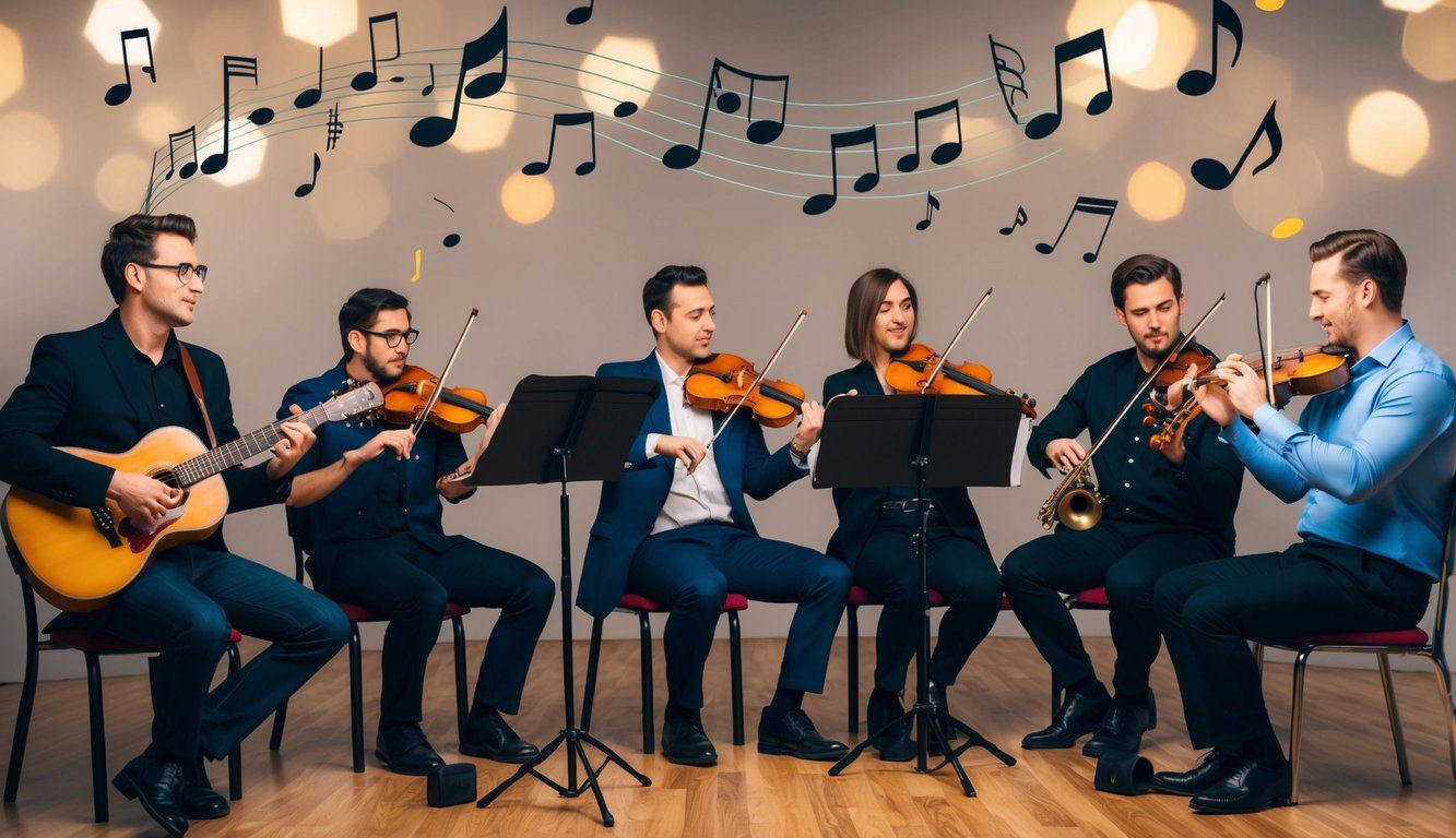 Un gruppo di musicisti che suonano vari strumenti in un contesto di band, con note musicali che fluttuano nell'aria intorno a loro