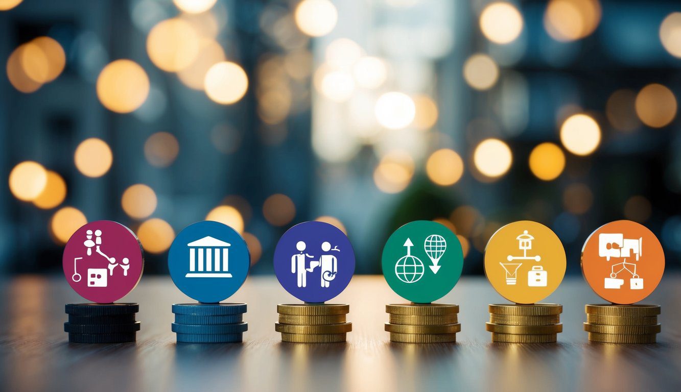 Un gruppo di associazioni diverse rappresentate da simboli e icone, ognuna con caratteristiche e tratti unici.