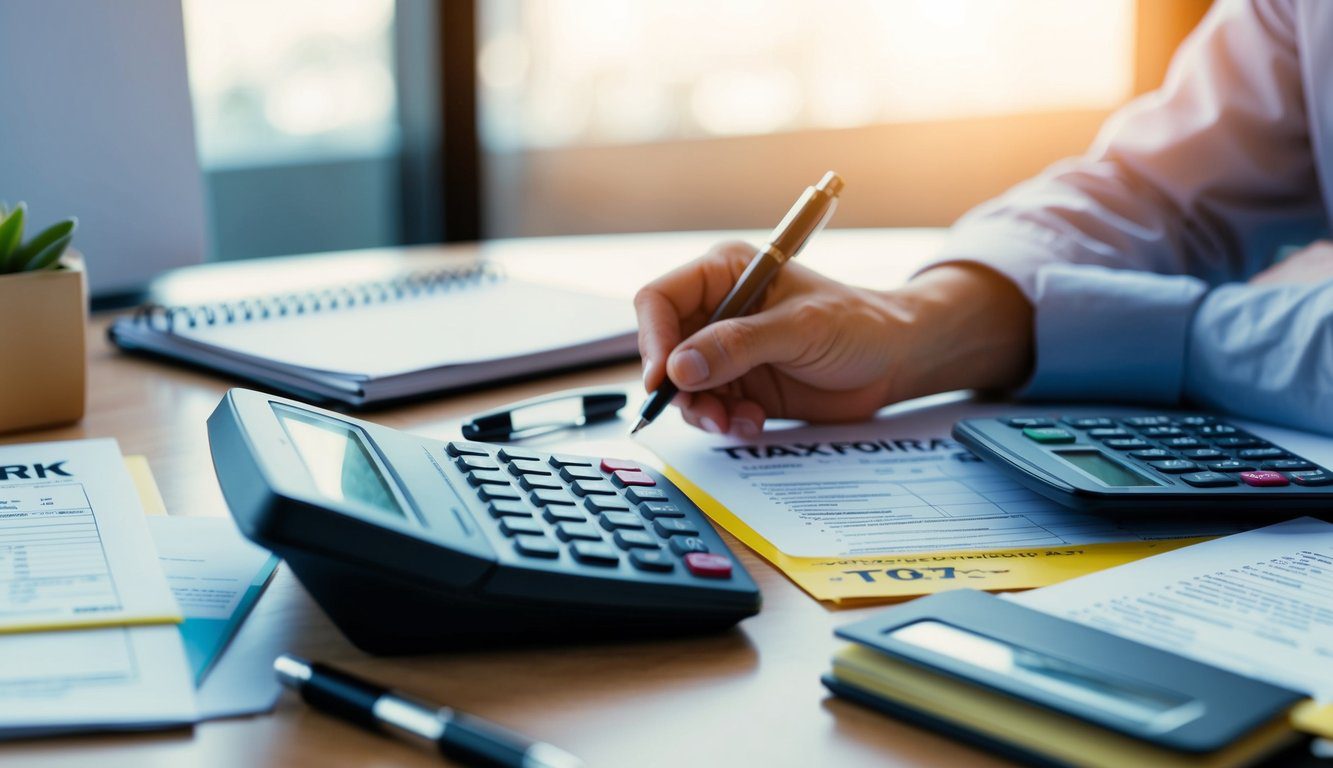 EX-ENPALS INPS: Cos’è, Come Funziona, Soggetti Obbligati, Iscrizione, Contributi e Pensione (2026) 3 Una scrivania ingombra di moduli fiscali, una calcolatrice e un calendario, con una mano di una persona che si allunga per prendere una penna per compilare i documenti.