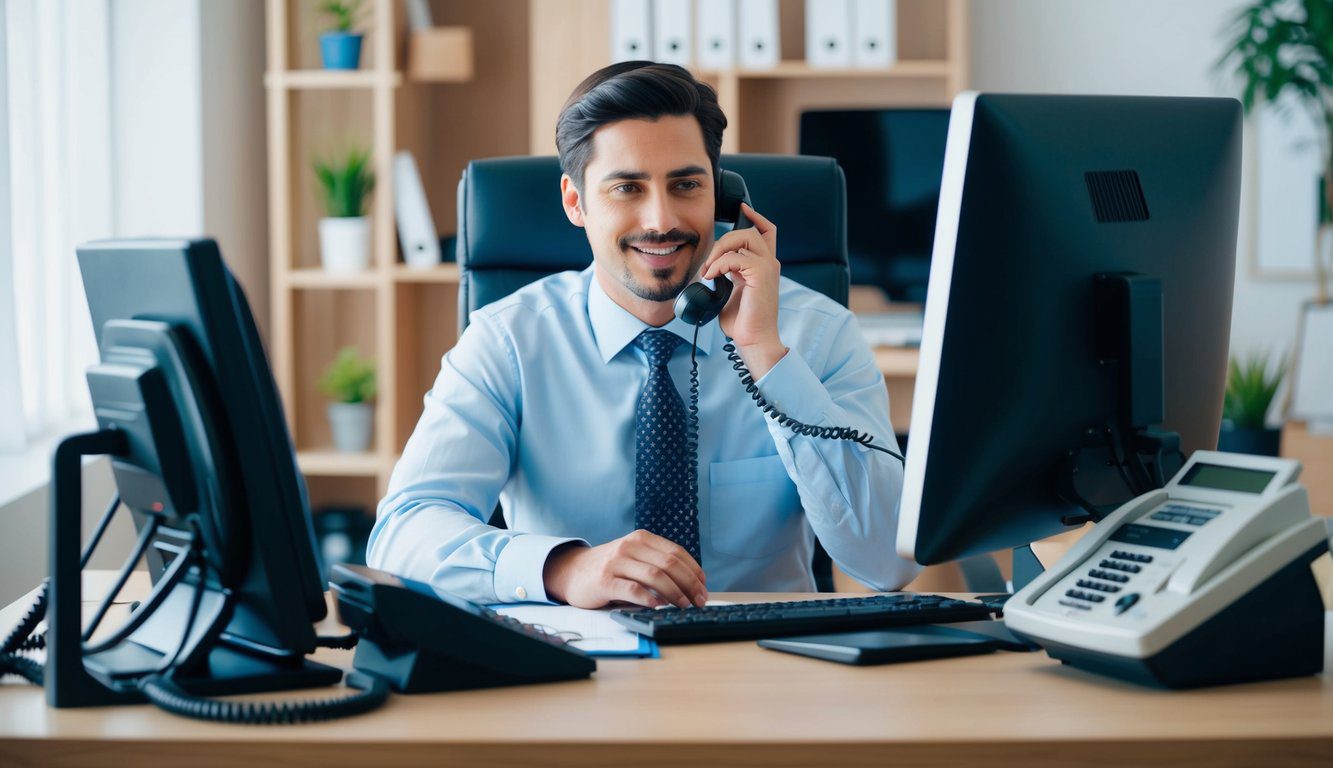 EX-ENPALS INPS: Cos’è, Come Funziona, Soggetti Obbligati, Iscrizione, Contributi e Pensione (2026) 7 Una persona seduta a una scrivania, circondata da vari dispositivi di comunicazione come un telefono, un computer e un fax. La persona è impegnata in una conversazione con qualcuno dall'altra parte della linea.