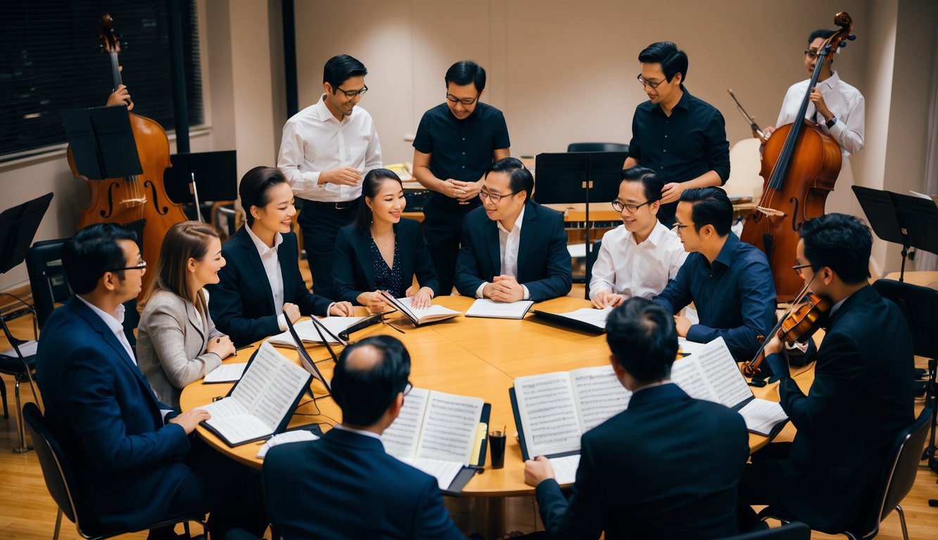 EX-ENPALS INPS: Cos’è, Come Funziona, Soggetti Obbligati, Iscrizione, Contributi e Pensione (2026) 6 Un gruppo di musicisti si riunisce attorno a un tavolo, discutendo del programma EX-ENPALS. Strumenti e spartiti sono sparsi per la stanza.