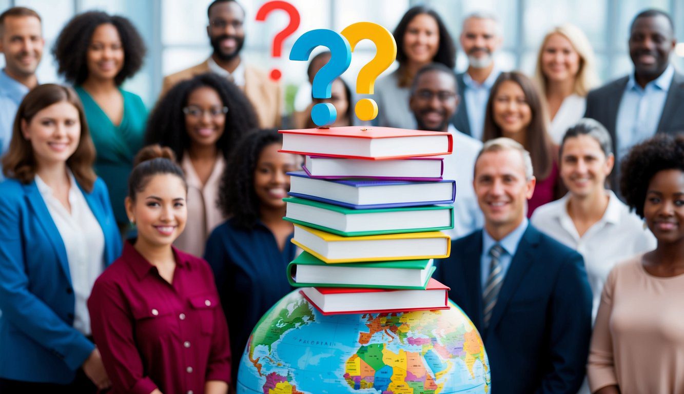 EX-ENPALS INPS: Cos’è, Come Funziona, Soggetti Obbligati, Iscrizione, Contributi e Pensione (2026) 9 Una pila di punti interrogativi colorati che fluttuano sopra un globo circondato da persone diverse