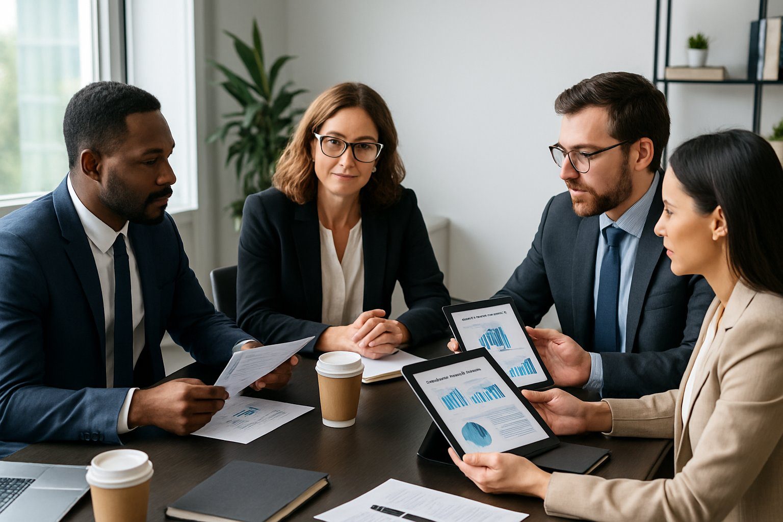 Società Semplice: Cos'è, Caratteristiche, Costituzione, Costi, Tassazione e Obblighi (2026) 1 Quattro professionisti seduti intorno a un tavolo da conferenza che discutono documenti in un ufficio moderno e luminoso.