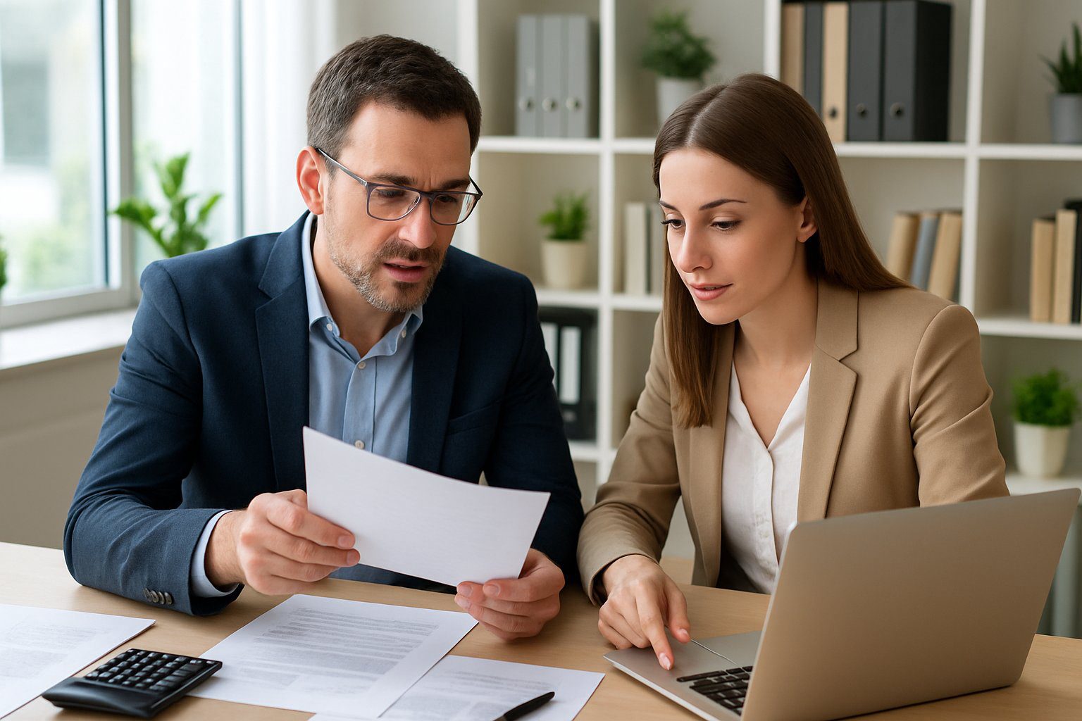 Società Semplice: Cos'è, Caratteristiche, Costituzione, Costi, Tassazione e Obblighi (2026) 2 Due professionisti discutono di documenti in un ufficio luminoso e ordinato.