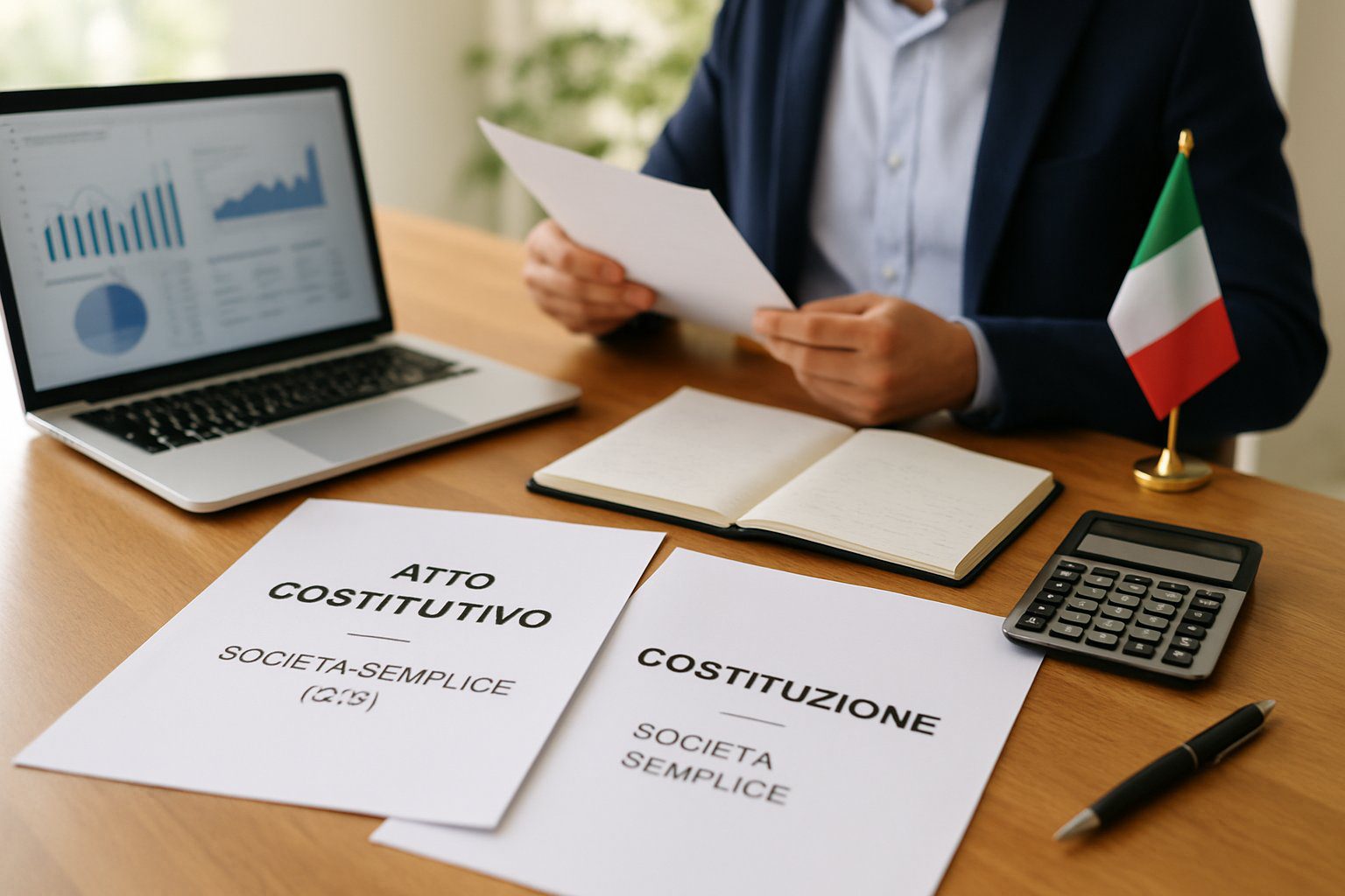 Società Semplice: Cos'è, Caratteristiche, Costituzione, Costi, Tassazione e Obblighi (2026) 3 Scrivania ordinata con documenti legali, laptop, calcolatrice e persona che esamina carte in un ufficio, rappresentando la costituzione di una società semplice in Italia.