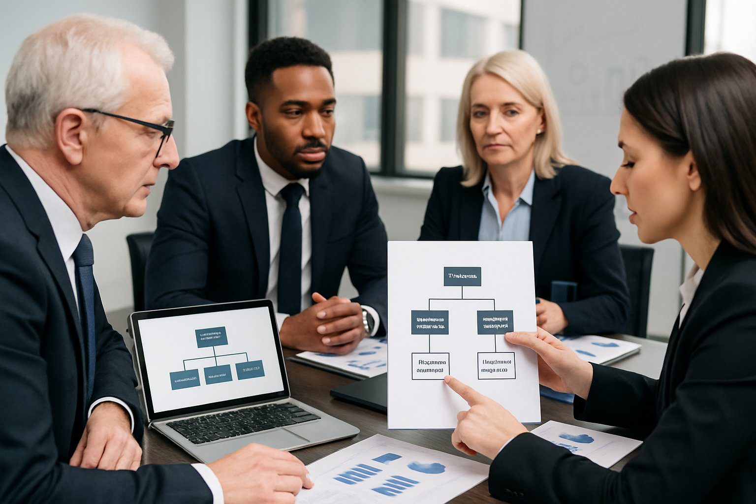 Società Semplice: Cos'è, Caratteristiche, Costituzione, Costi, Tassazione e Obblighi (2026) 4 Persone in abiti formali sedute attorno a un tavolo da conferenza che discutono e analizzano diagrammi sull'organizzazione dei soci in una società semplice.