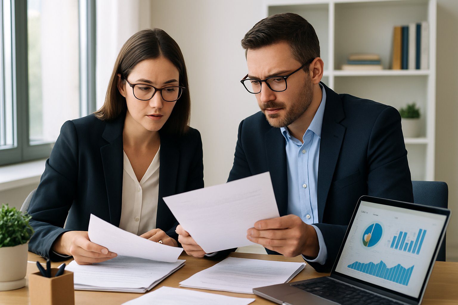 Società Semplice: Cos'è, Caratteristiche, Costituzione, Costi, Tassazione e Obblighi (2026) 5 Due professionisti in ufficio moderno discutono documenti e lavorano su un laptop in un ambiente luminoso e ordinato.