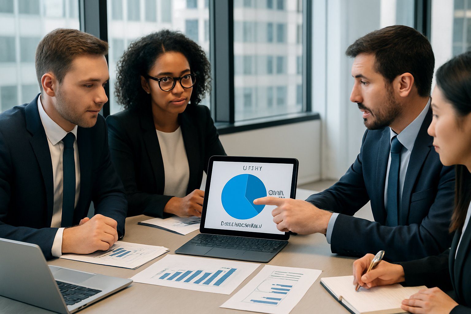 Società Semplice: Cos'è, Caratteristiche, Costituzione, Costi, Tassazione e Obblighi (2026) 8 Un gruppo di professionisti in una riunione d'affari che discutono documenti finanziari e grafici attorno a un tavolo in un ufficio moderno.