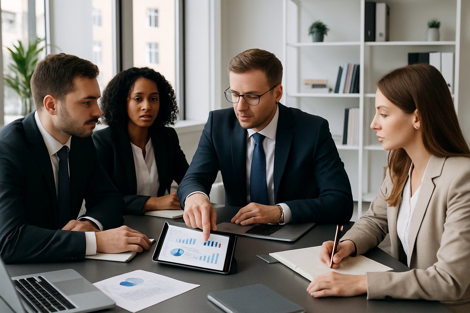 Società Semplice: Cos'è, Caratteristiche, Costituzione, Costi, Tassazione e Obblighi (2026) 11 Quattro professionisti seduti attorno a un tavolo da conferenza che discutono e collaborano durante una riunione in un ufficio luminoso.