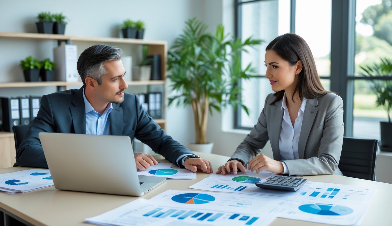 Alternative al Regime Forfettario: Quali Sono e Quale Regime Fiscale Scegliere? 1 Due professionisti discutono documenti finanziari in un ufficio luminoso e ordinato.