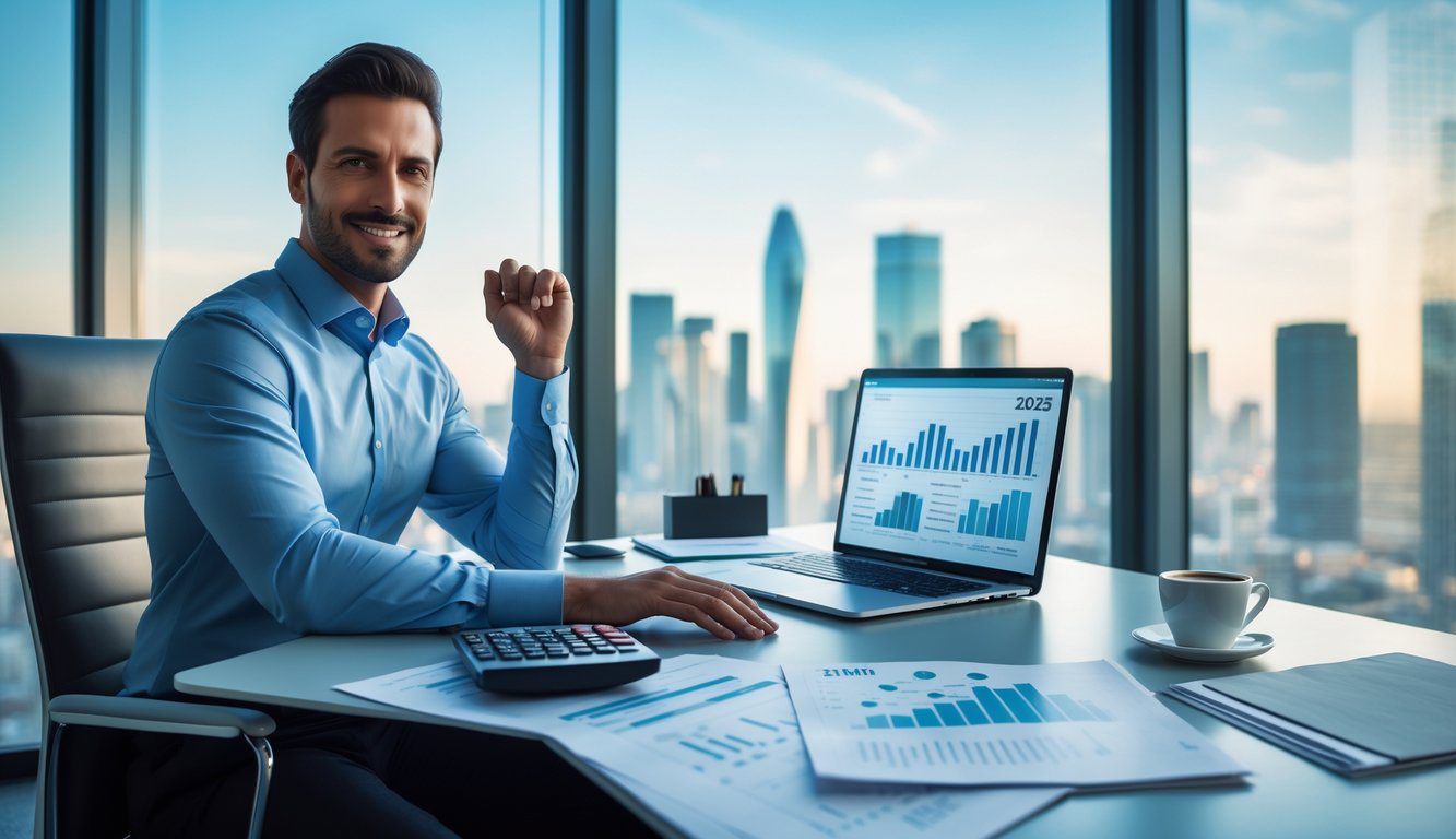 Alternative al Regime Forfettario: Quali Sono e Quale Regime Fiscale Scegliere? 2 Persona d'affari seduta a una scrivania con laptop e documenti, in un ufficio moderno con vista sulla città.