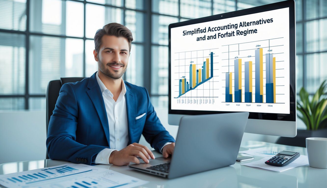 Alternative al Regime Forfettario: Quali Sono e Quale Regime Fiscale Scegliere? 3 Persona d'affari seduta a una scrivania con laptop, documenti finanziari e calcolatrice, con grafici sullo schermo del computer in un ufficio moderno.