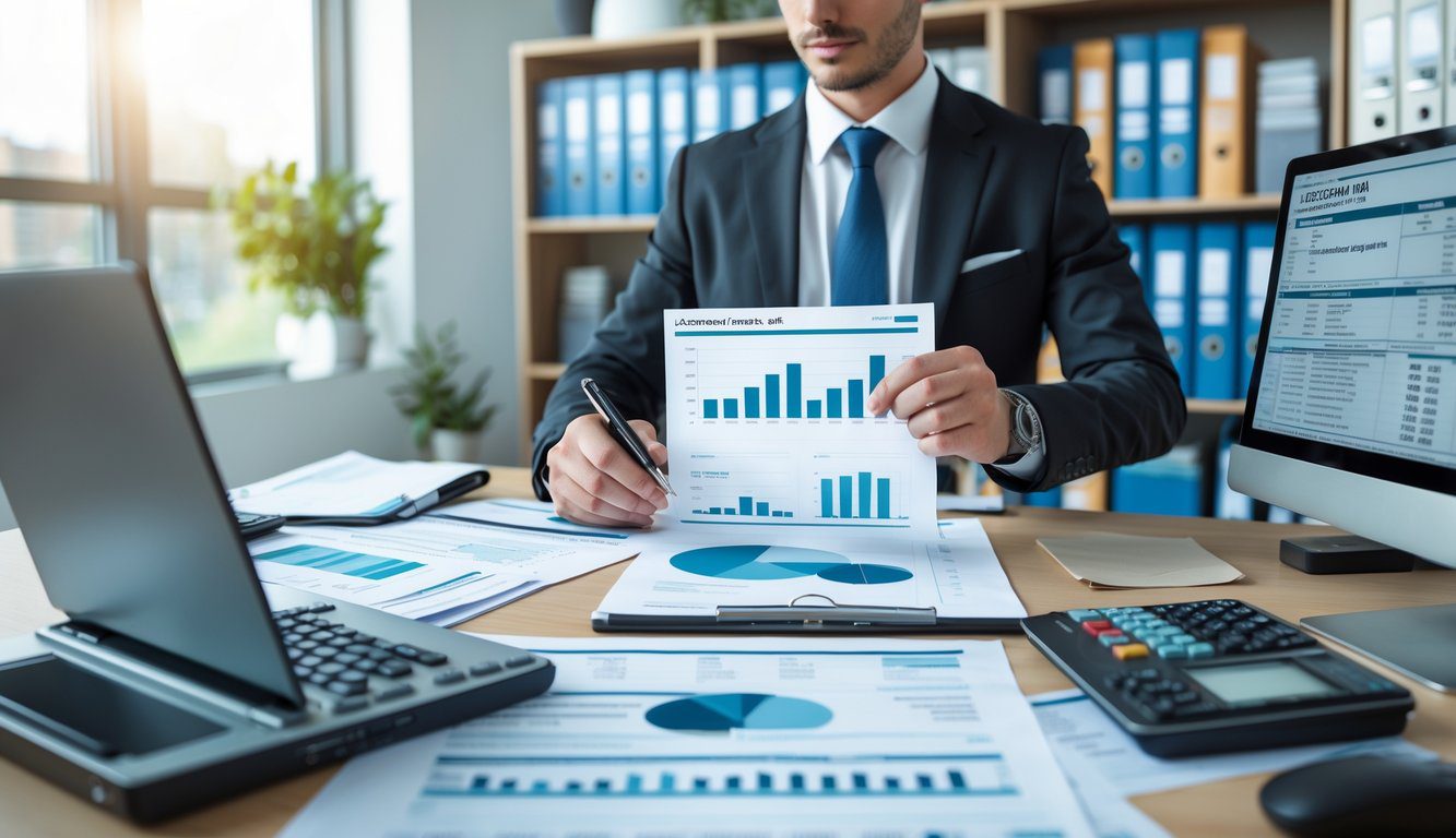 Alternative al Regime Forfettario: Quali Sono e Quale Regime Fiscale Scegliere? 4 Una persona in ufficio che esamina documenti finanziari su una scrivania ordinata con laptop e calcolatrice.