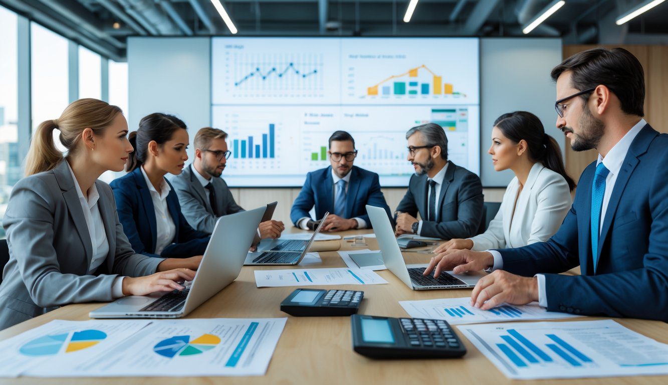 Alternative al Regime Forfettario: Quali Sono e Quale Regime Fiscale Scegliere? 5 Un gruppo di professionisti in ufficio che discutono di documenti finanziari e grafici attorno a un tavolo da conferenza.