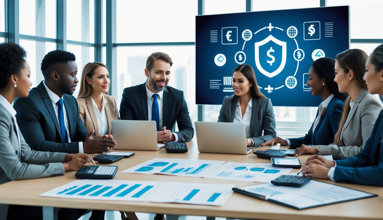 Alternative al Regime Forfettario: Quali Sono e Quale Regime Fiscale Scegliere? 6 Persone in ufficio che discutono di contributi previdenziali e pianificazione finanziaria attorno a un tavolo con documenti e computer.