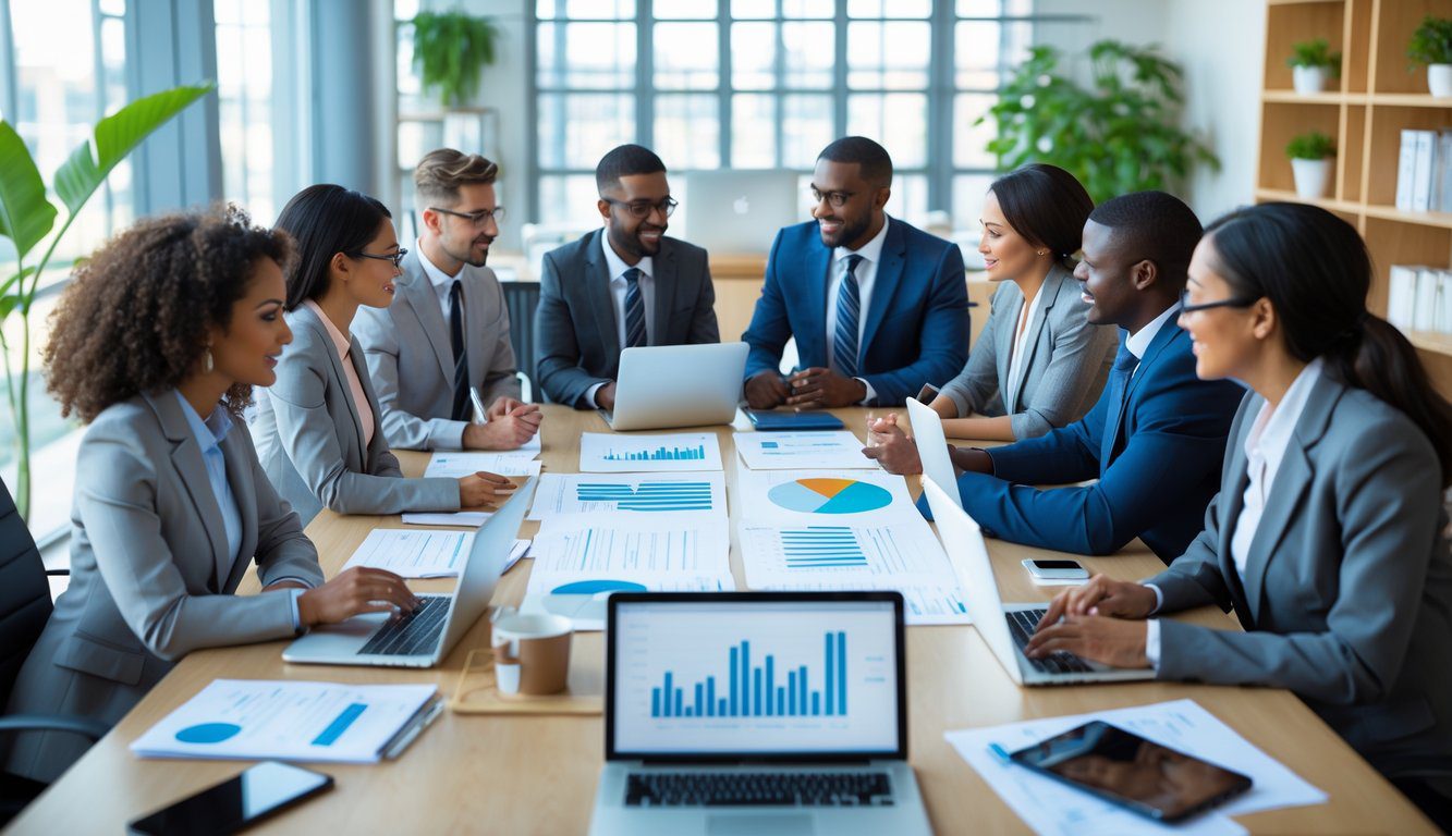 Alternative al Regime Forfettario: Quali Sono e Quale Regime Fiscale Scegliere? 7 Un gruppo di professionisti che discutono insieme in un ufficio moderno attorno a un tavolo con laptop e documenti.