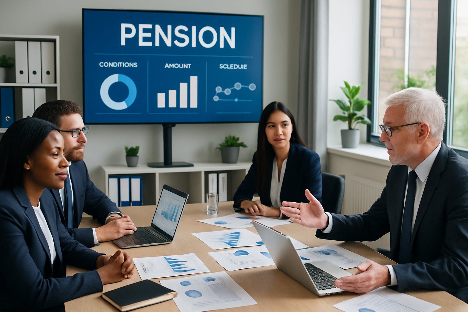 EPPI: Cos’è, Come Funziona, Soggetti Obbligati, Iscrizione, Contributi e Pensione (2026) 9 Persone in un ufficio moderno che discutono piani pensionistici attorno a un tavolo con laptop e documenti, con grafici sullo sfondo.