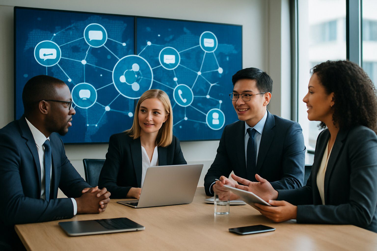 EPPI: Cos’è, Come Funziona, Soggetti Obbligati, Iscrizione, Contributi e Pensione (2026) 10 Persone in un ufficio moderno che discutono attorno a un tavolo con dispositivi digitali e schermi che mostrano grafici di comunicazione.