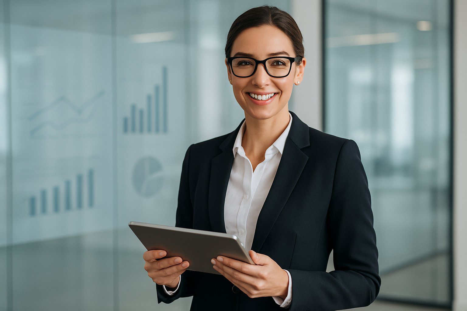 EPPI: Cos’è, Come Funziona, Soggetti Obbligati, Iscrizione, Contributi e Pensione (2026) 11 Donna d'affari sorridente con tablet in mano in un ufficio moderno con grafici sullo sfondo.