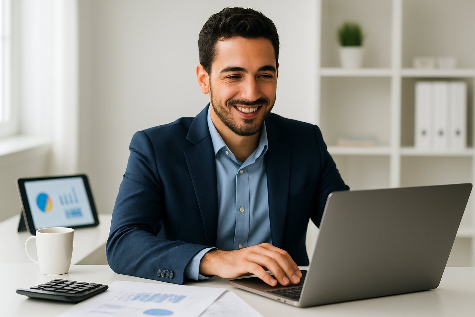 EPPI: Cos’è, Come Funziona, Soggetti Obbligati, Iscrizione, Contributi e Pensione (2026) 4 Un giovane imprenditore italiano che lavora al computer in un ufficio moderno e luminoso, con documenti e calcolatrice sulla scrivania.