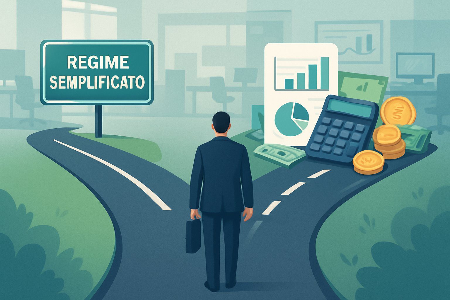 Due strade divergenti che rappresentano diverse opzioni finanziarie, una semplice e l'altra complessa, con simboli di denaro e documenti in un ambiente d'ufficio moderno.