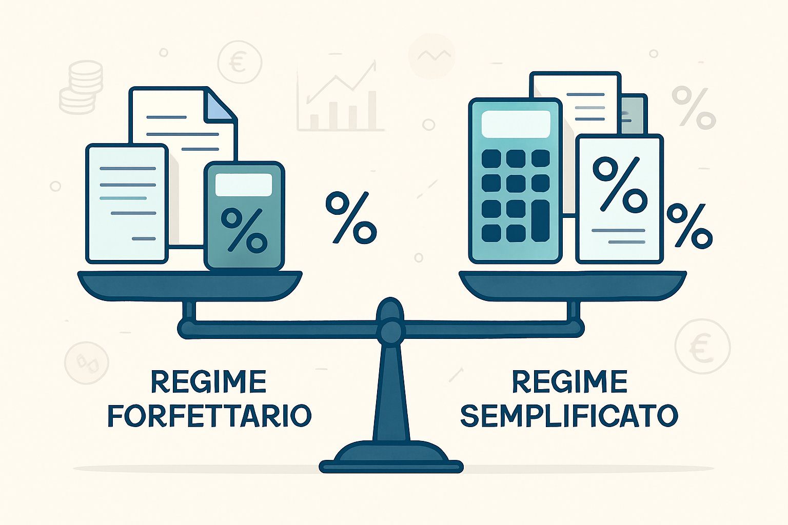 Bilanci o grafici che mostrano il confronto tra due regimi fiscali, con simboli di semplicità da un lato e documenti più dettagliati dall'altro.